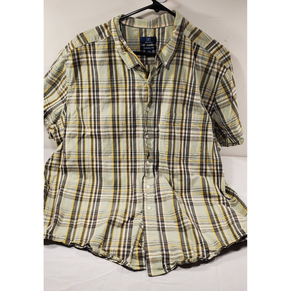 George Shirt Mens 2XL  Green / Yellow Plaid Short Sleeve Button Down Classic Fit